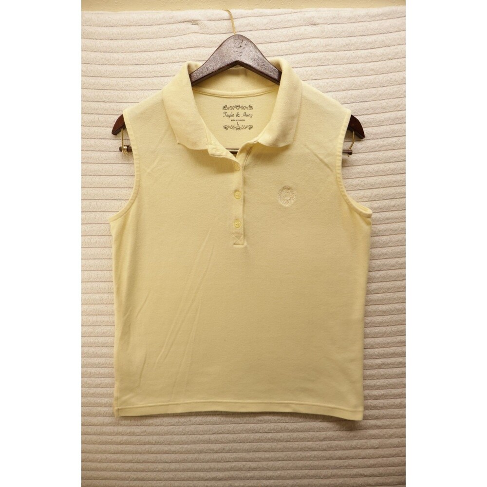 Taylor & Henry Women Athletic Polo Top L Yellow Button Sleeveless Stretch Logo